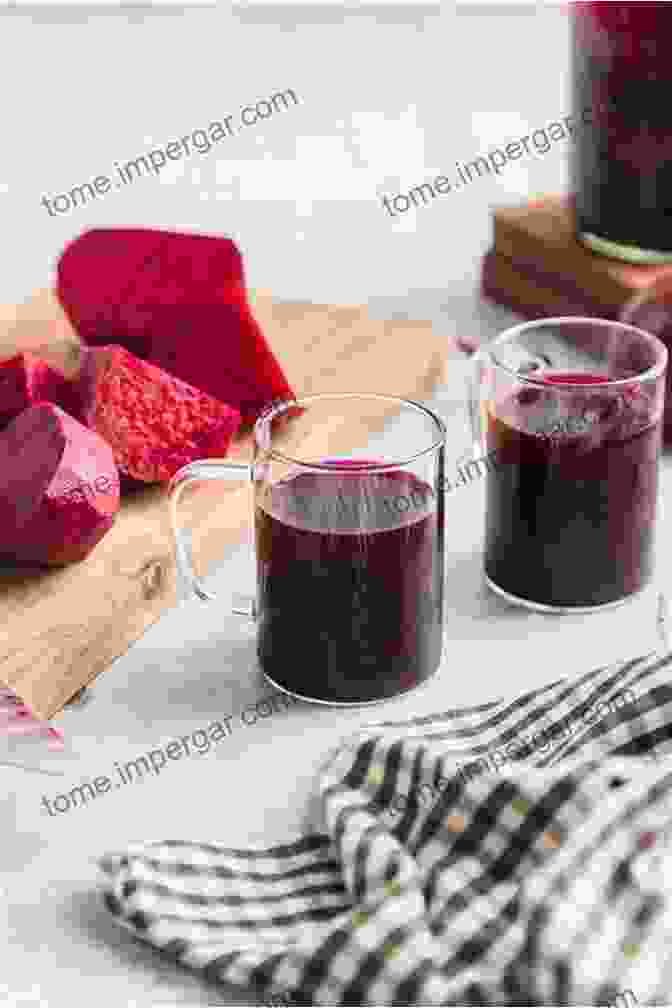 A Glass Filled With Beet Kvass, Showcasing Its Vibrant Red Color And Refreshing Effervescence Against A Rustic Wooden Background. Fermented Probiotic Drinks At Home: Make Your Own Kombucha Kefir Ginger Bug Jun Pineapple Tepache Honey Mead Beet Kvass And More